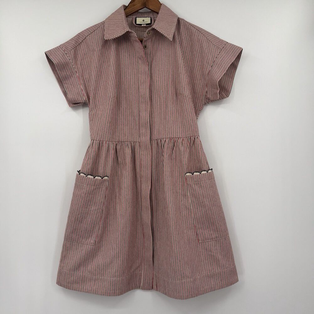 Tuckernuck Mini Ceci Dress XS Red Blue Stripe Scallop Pocket Shirt Dress